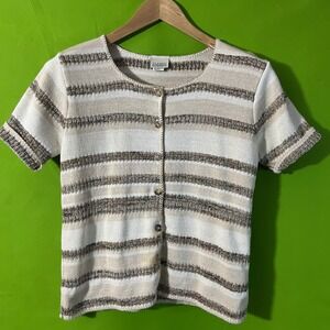 Small Classic Elements Knit Top Cardigan Sweater Short Sleeve Striped‎ Button Up